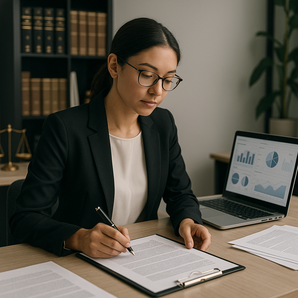 A modern paralegal in a professional setting, working on legal documents with a laptop open, showing analytics on the sc...