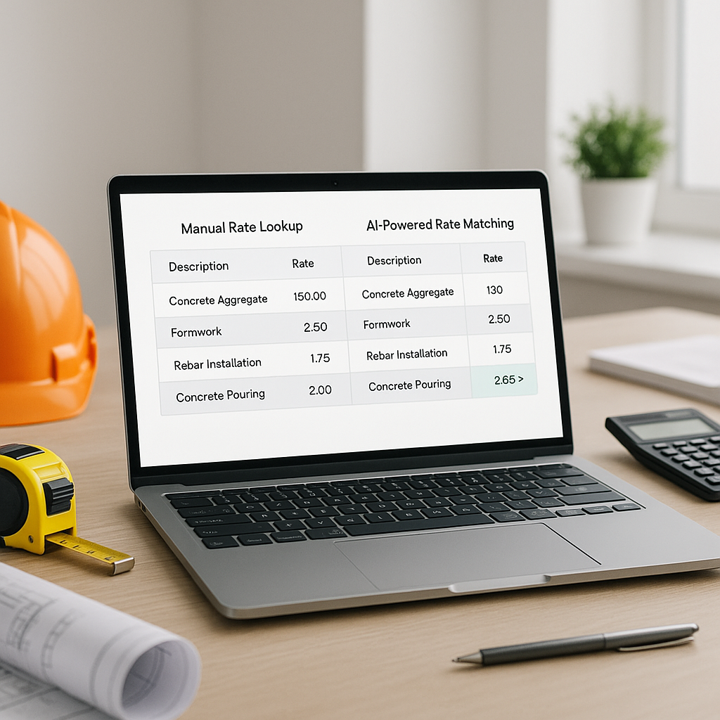 A modern construction estimator's desk with a laptop showing AI-powered rate matching software; a clear comparison of ma...