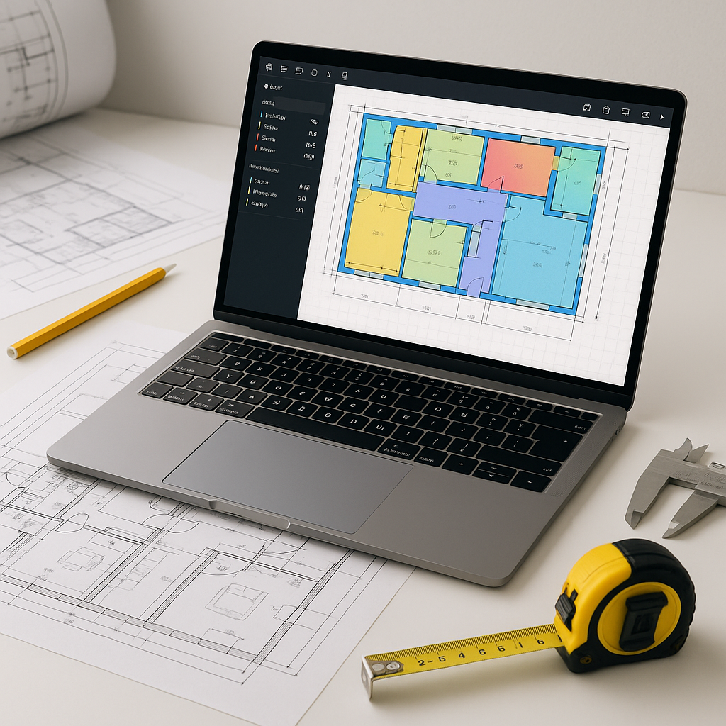 A construction estimator's desk with a laptop showing AI-powered takeoff software, alongside blueprints and measuring to...