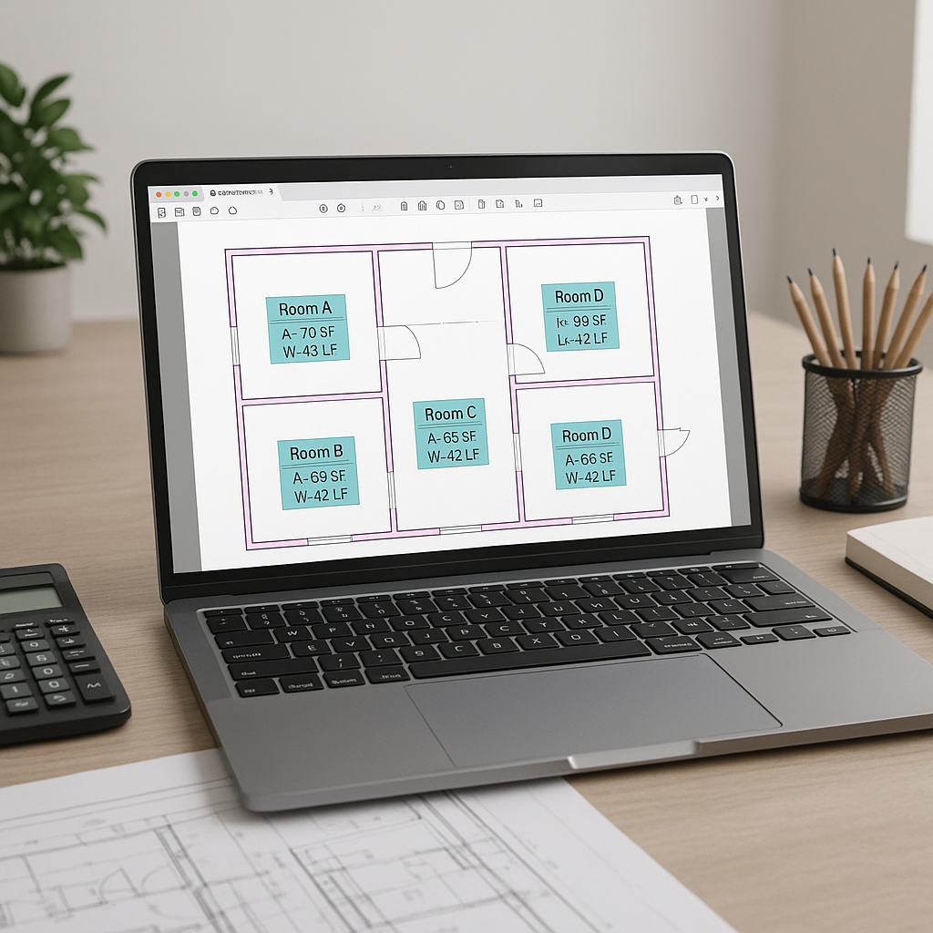 A modern construction estimator's desk with PDF drawings displayed on a laptop screen, illustrating AI-powered takeoffs...