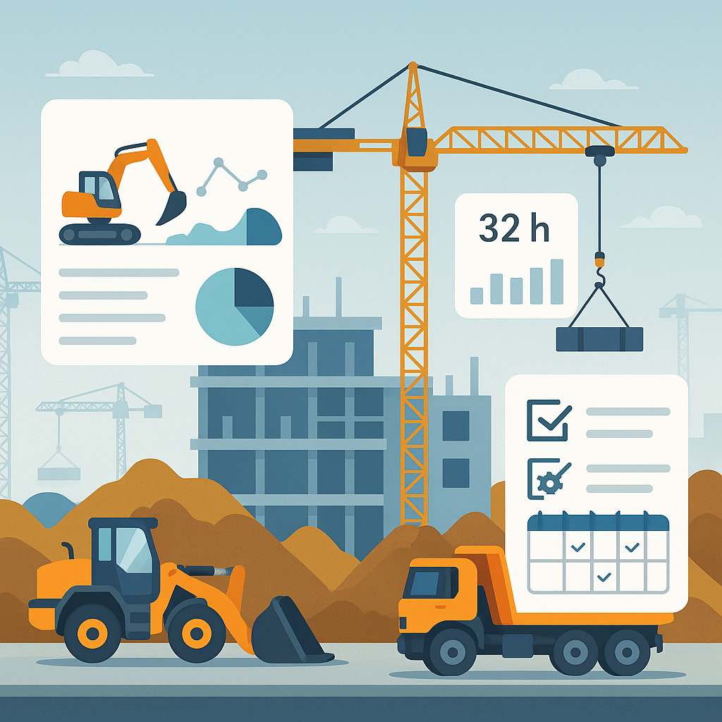 A detailed illustration of a construction site with equipment like cranes and trucks, overlaid with digital dashboards t...