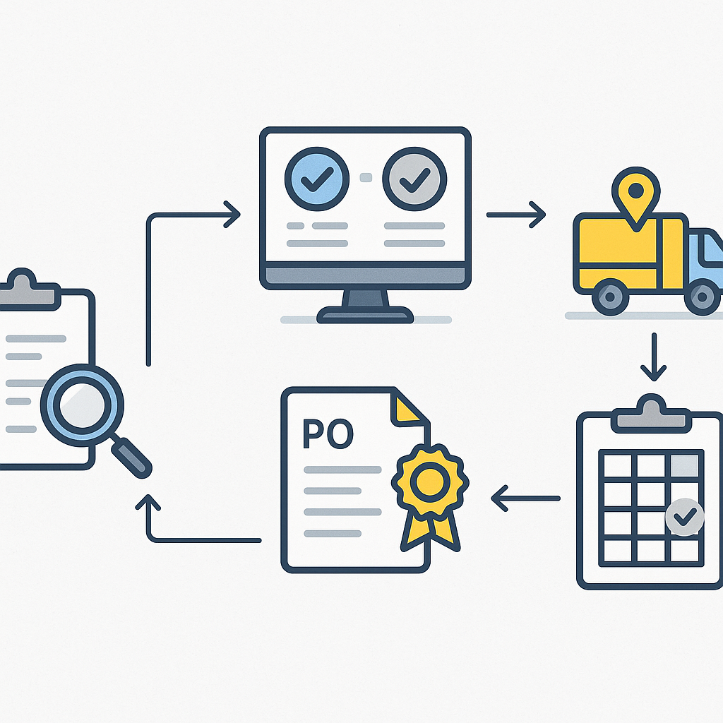 An illustration of a construction procurement flow chart with realistic icons: MR, RFQ, vendor comparison, PO, delivery...
