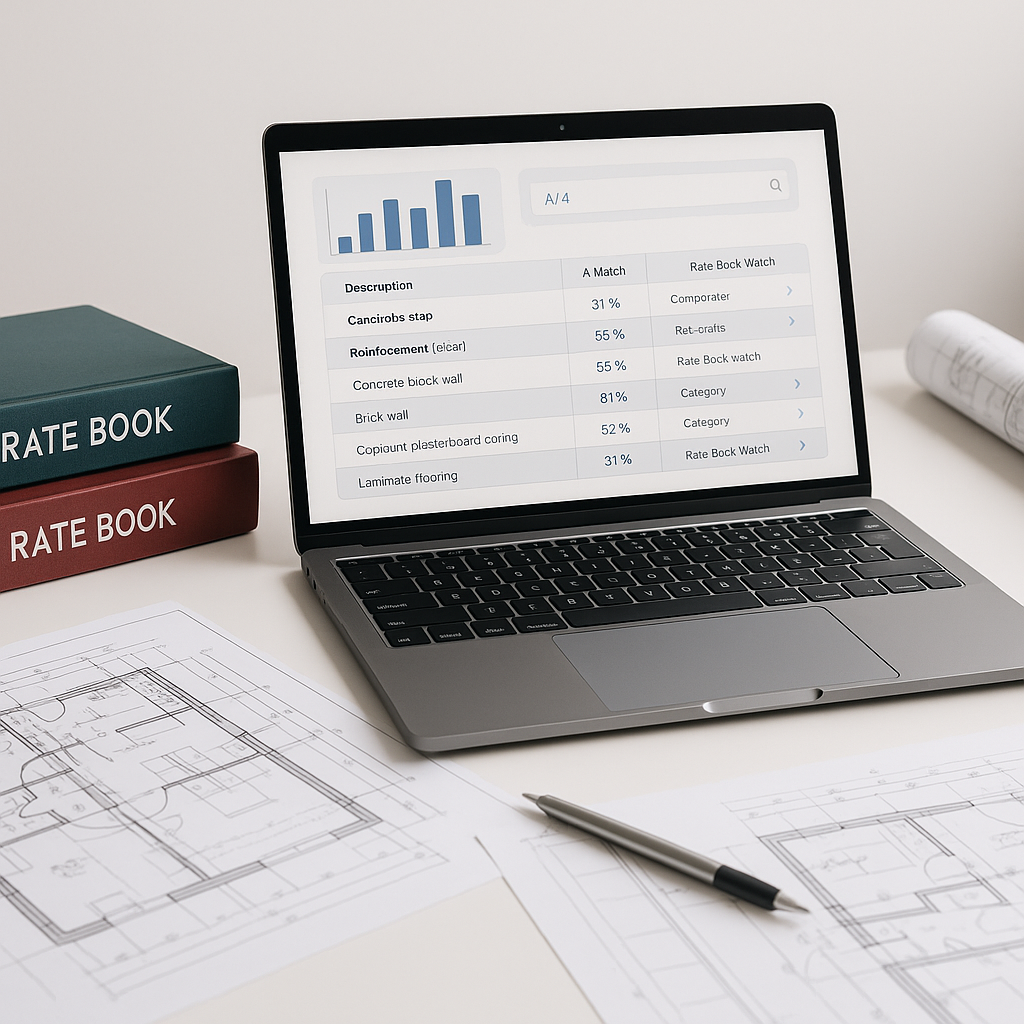 A modern construction estimator's desk featuring a laptop screen showing AI-powered rate matching software, surrounded b...