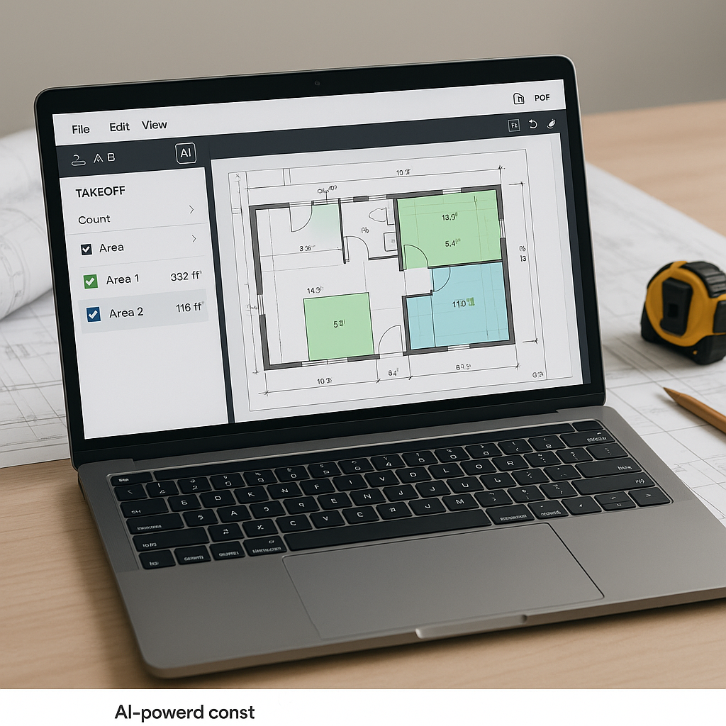 A laptop screen displaying an AI-powered construction software interface, with a PDF drawing and highlighted areas for a...