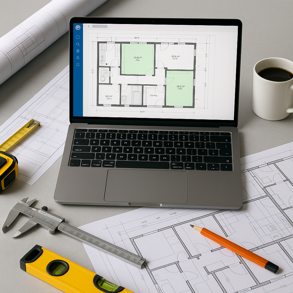 A modern construction estimator's desk with a laptop displaying AI-powered takeoff software analyzing a detailed floor p...