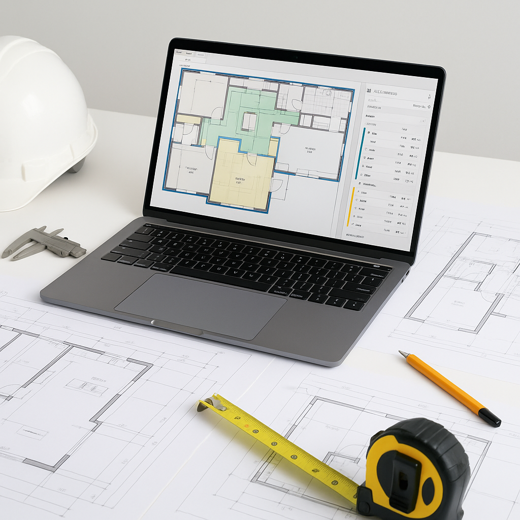 A construction estimator's desk with a laptop displaying AI-powered takeoff software, surrounded by blueprints and measu...