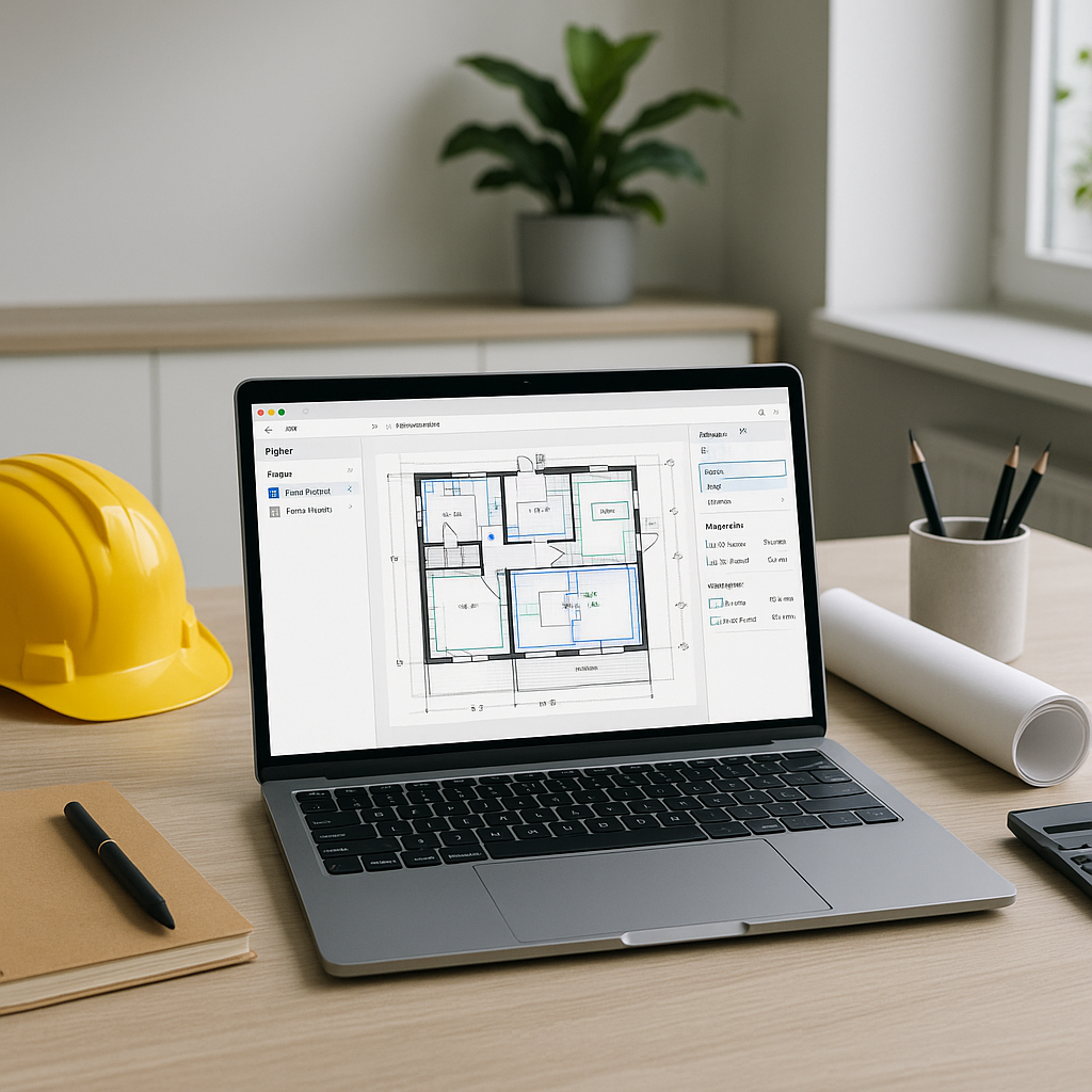 A modern construction estimator's desk with a laptop showing an AI-powered takeoff tool analyzing a detailed PDF drawing...