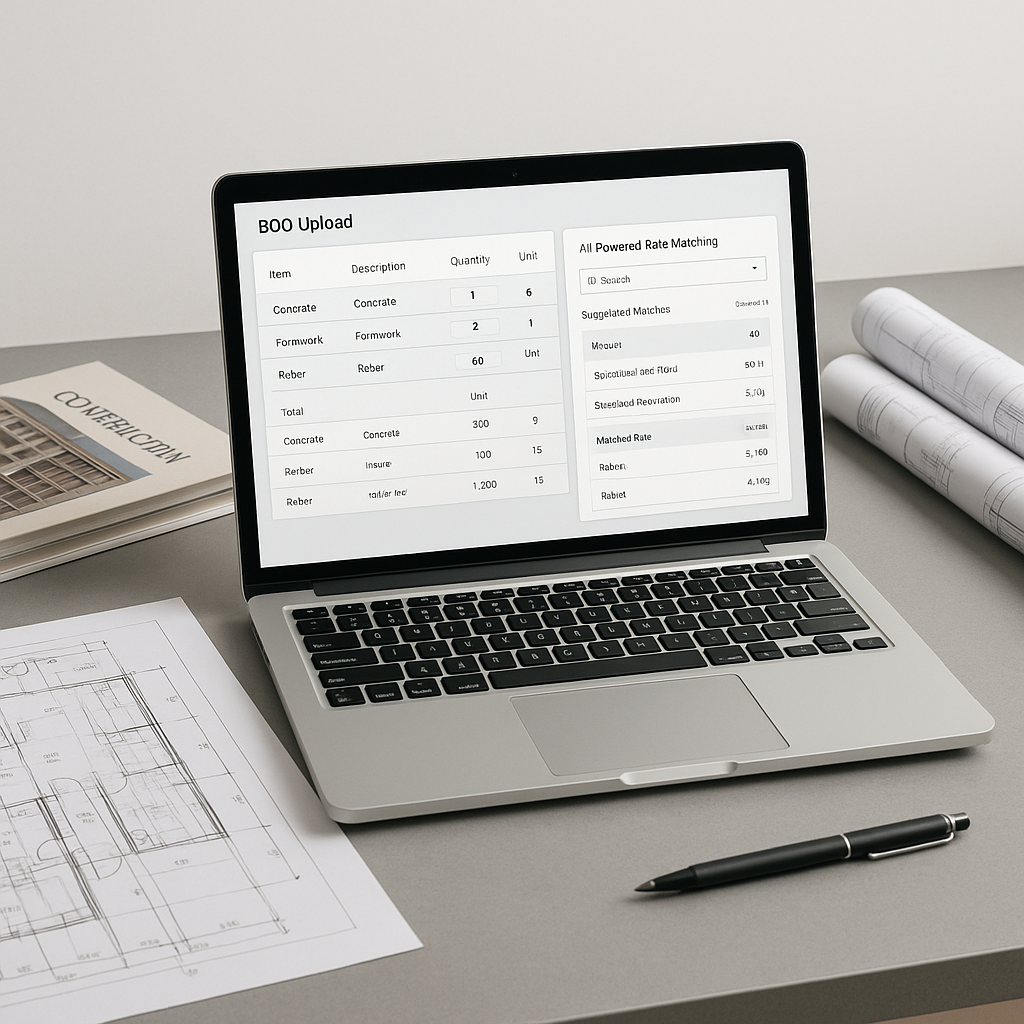 A construction estimator's desk with a laptop showing a BOQ upload screen and AI-powered rate matching software in actio...
