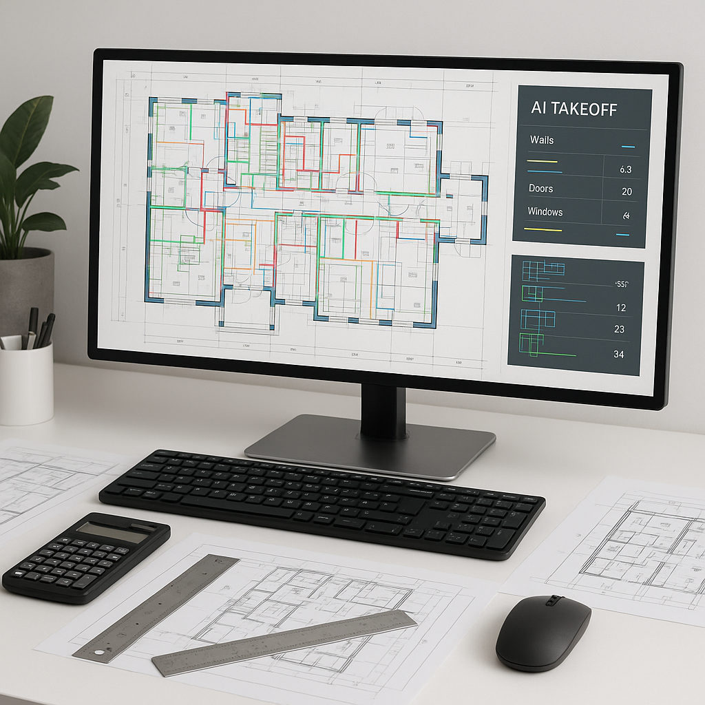 A construction estimator's desk with a computer screen displaying AI-powered takeoff software analyzing a complex buildi...