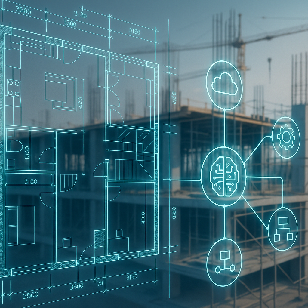 A detailed architectural blueprint with AI elements (e.g., glowing digital lines and icons) overlaying a construction si...