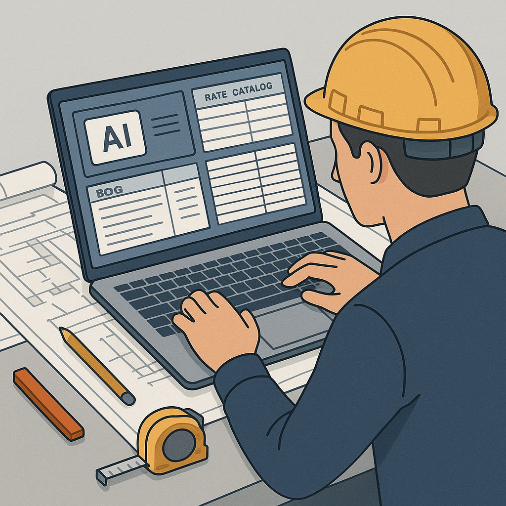 A digital illustration of a construction estimator using AI software on a laptop, with a BOQ spreadsheet and rate catalo...