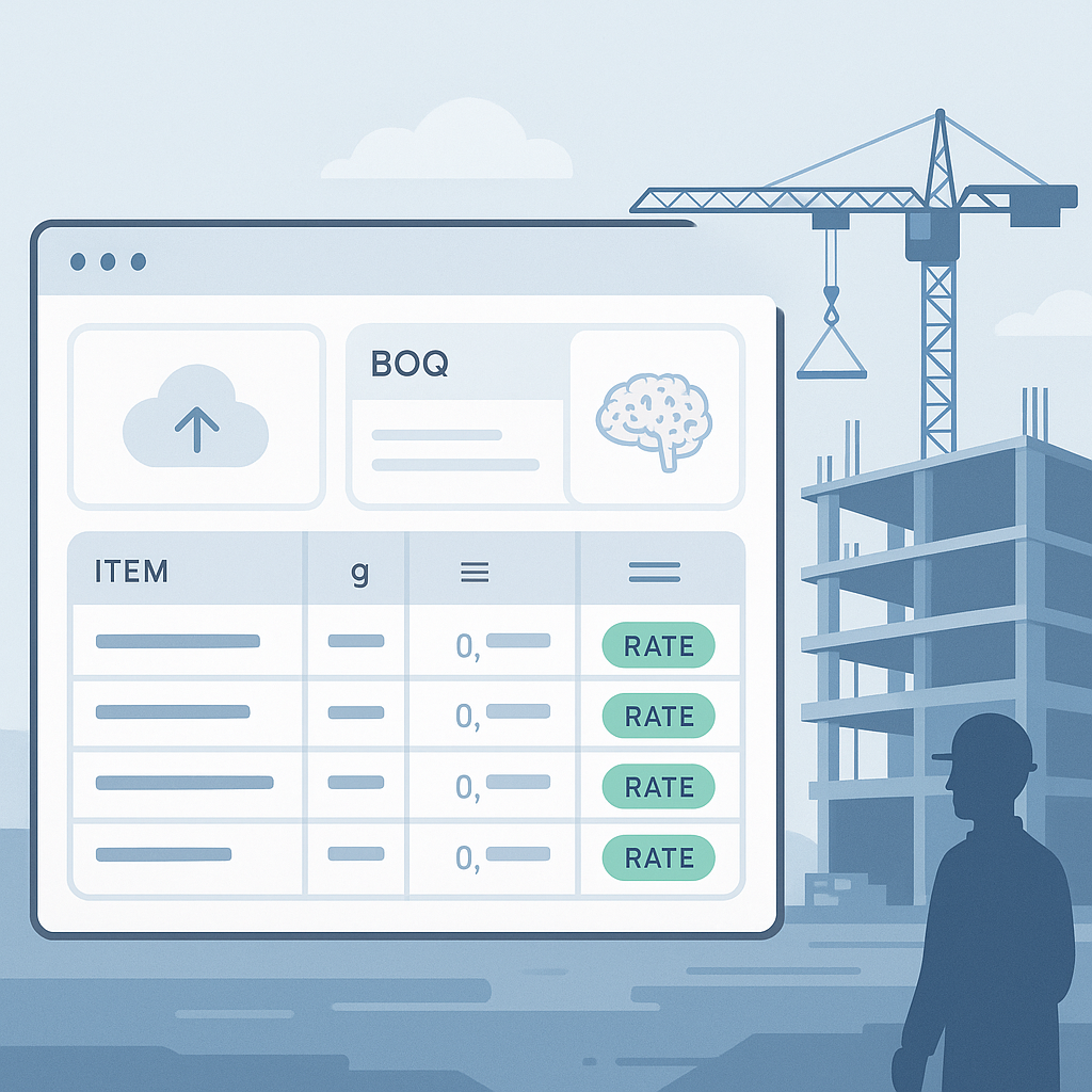 An AI-powered estimation workspace: a digital dashboard showing a BOQ upload process with rate matches highlighted, alon...