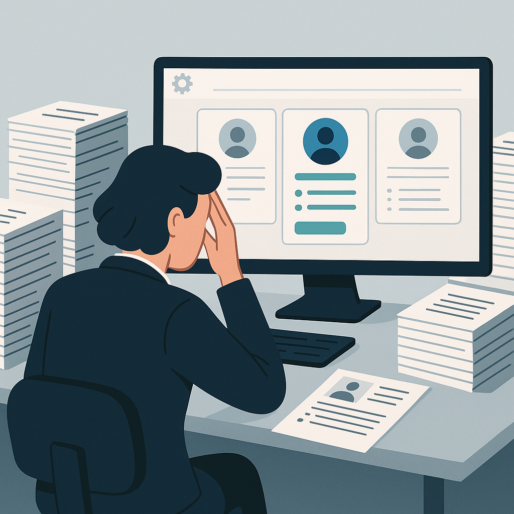 A professional illustration of a recruiter at their desk, overwhelmed with stacks of resumes, while an AI-powered dashbo...