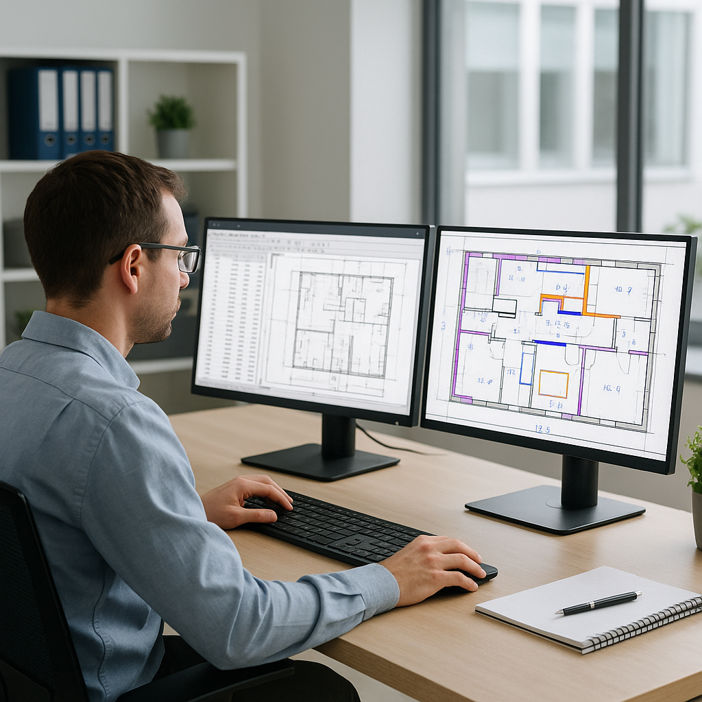 A construction estimator at a desk with dual monitors: one showing traditional manual takeoff software, the other displa...