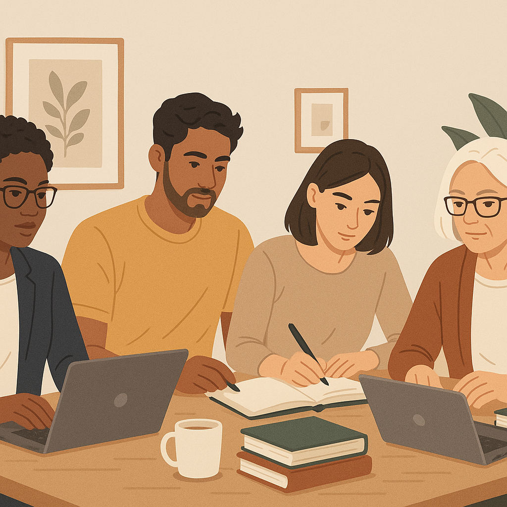 A detailed illustration of a diverse group of career changers, including a paralegal and a mature student, studying SQE1...