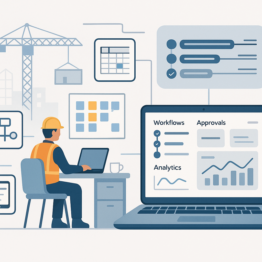 A detailed illustration showing a construction site office with disconnected tools like spreadsheets, whiteboards, and m...