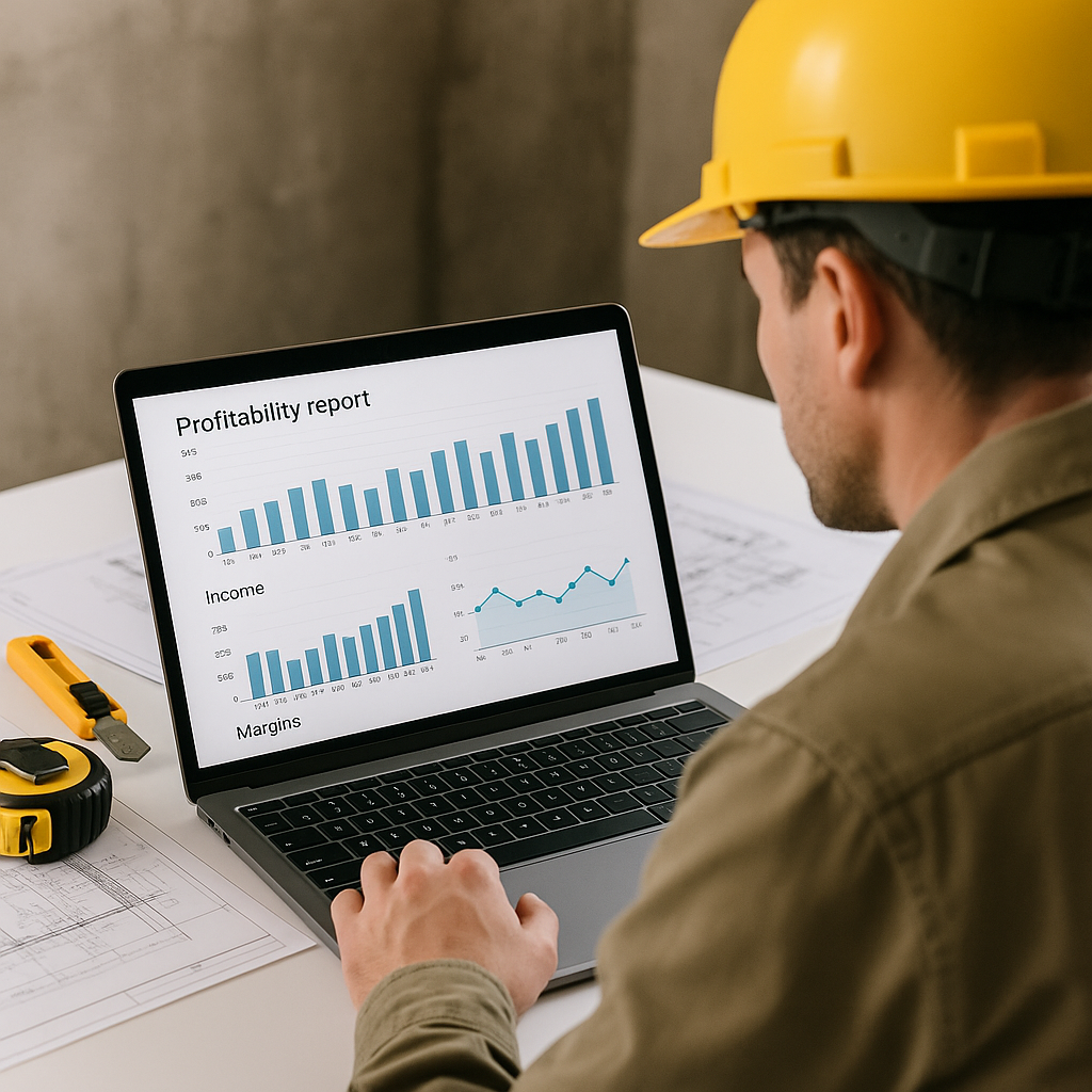 A contractor reviewing a detailed profitability report displayed on a laptop screen, with charts showing income, expense...