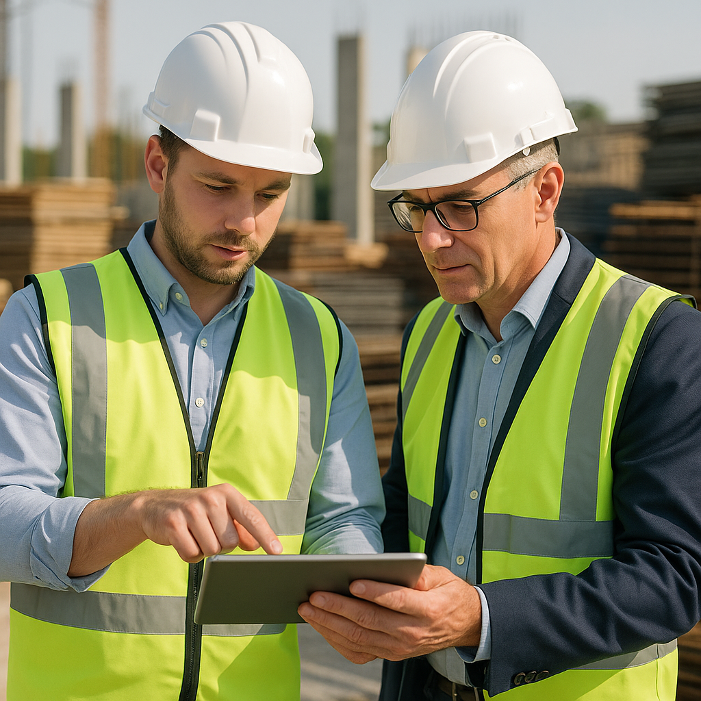 A construction site with engineers reviewing procurement documents on a tablet, steel and material stacks in the backgro...
