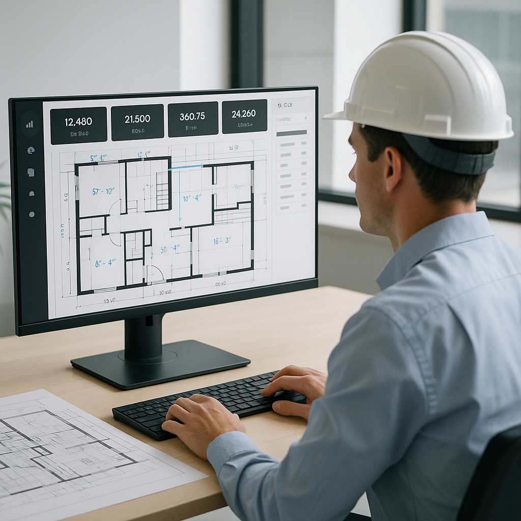 A construction estimator using a sleek, AI-powered software interface on a large monitor, with building blueprints and d...