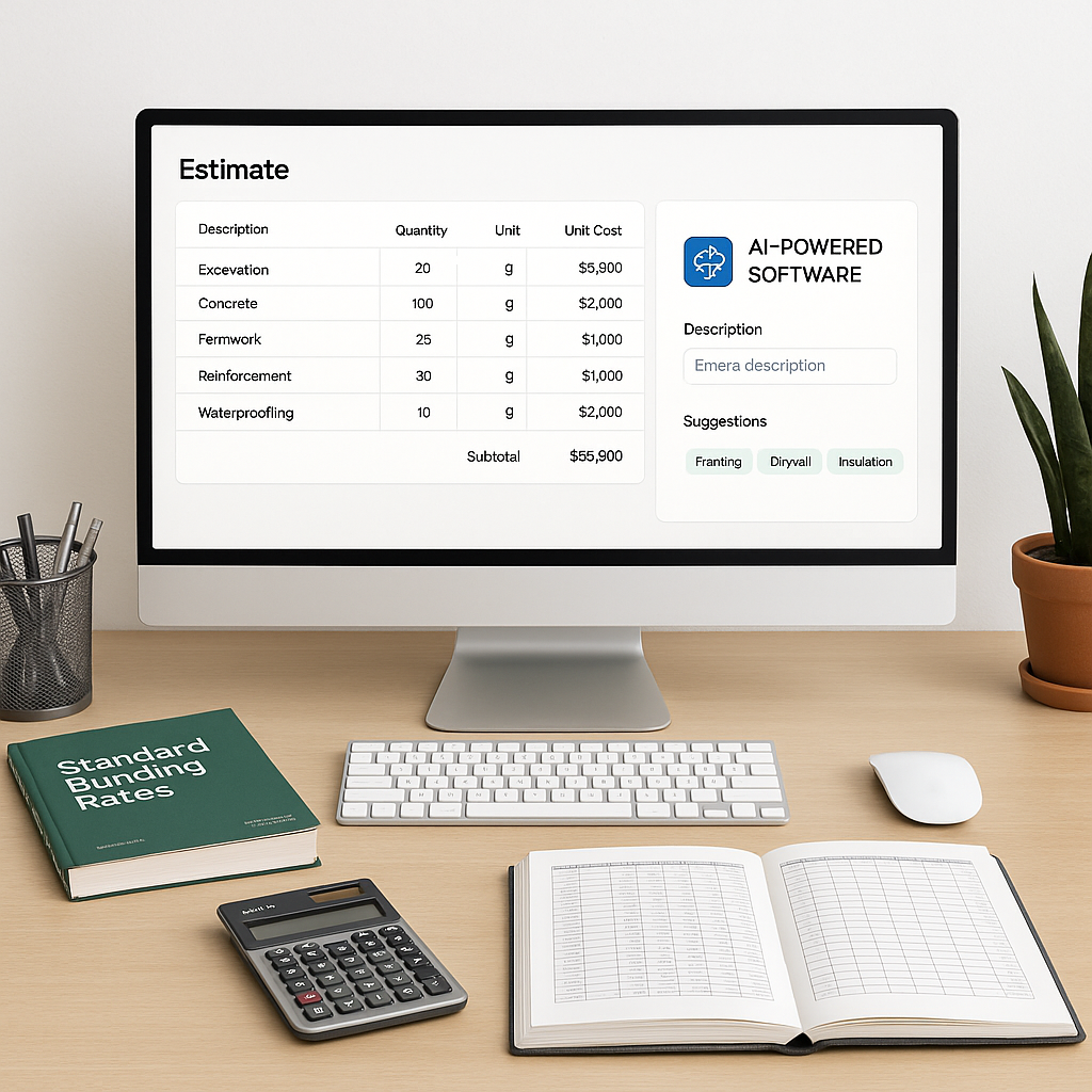 An estimator's desk with a mix of traditional tools (rate books, spreadsheets) alongside a sleek AI-powered software int...