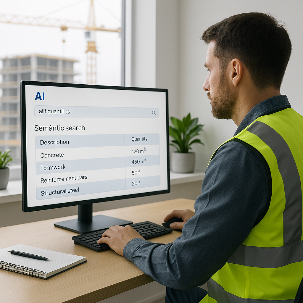 A realistic image of a construction estimator sitting at a desk, with AI-powered software on their screen, showing seman...