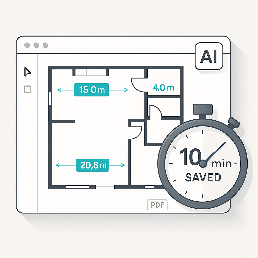 An AI-powered construction estimation tool interface showing a PDF drawing with measurements highlighted, alongside a st...