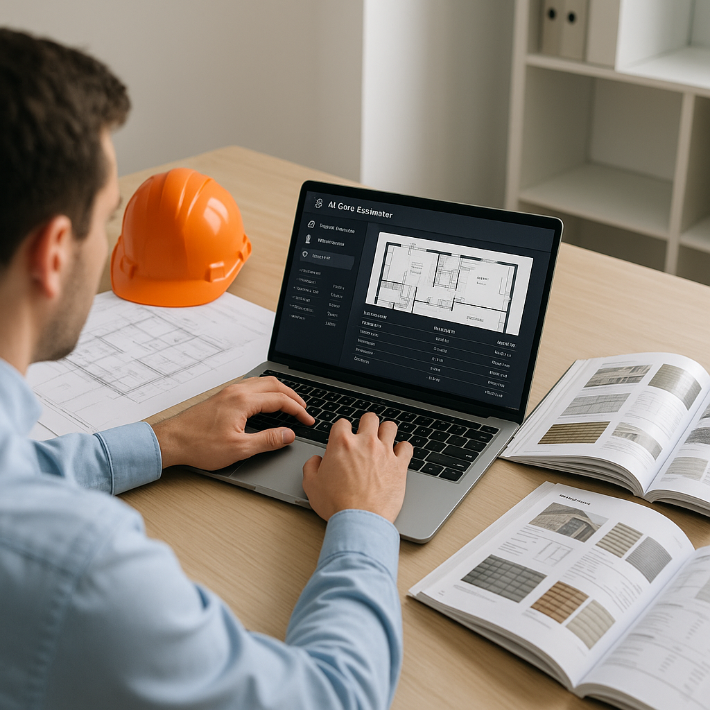 A modern construction office setup featuring an estimator using an AI-powered tool on a laptop, with open catalogs and b...