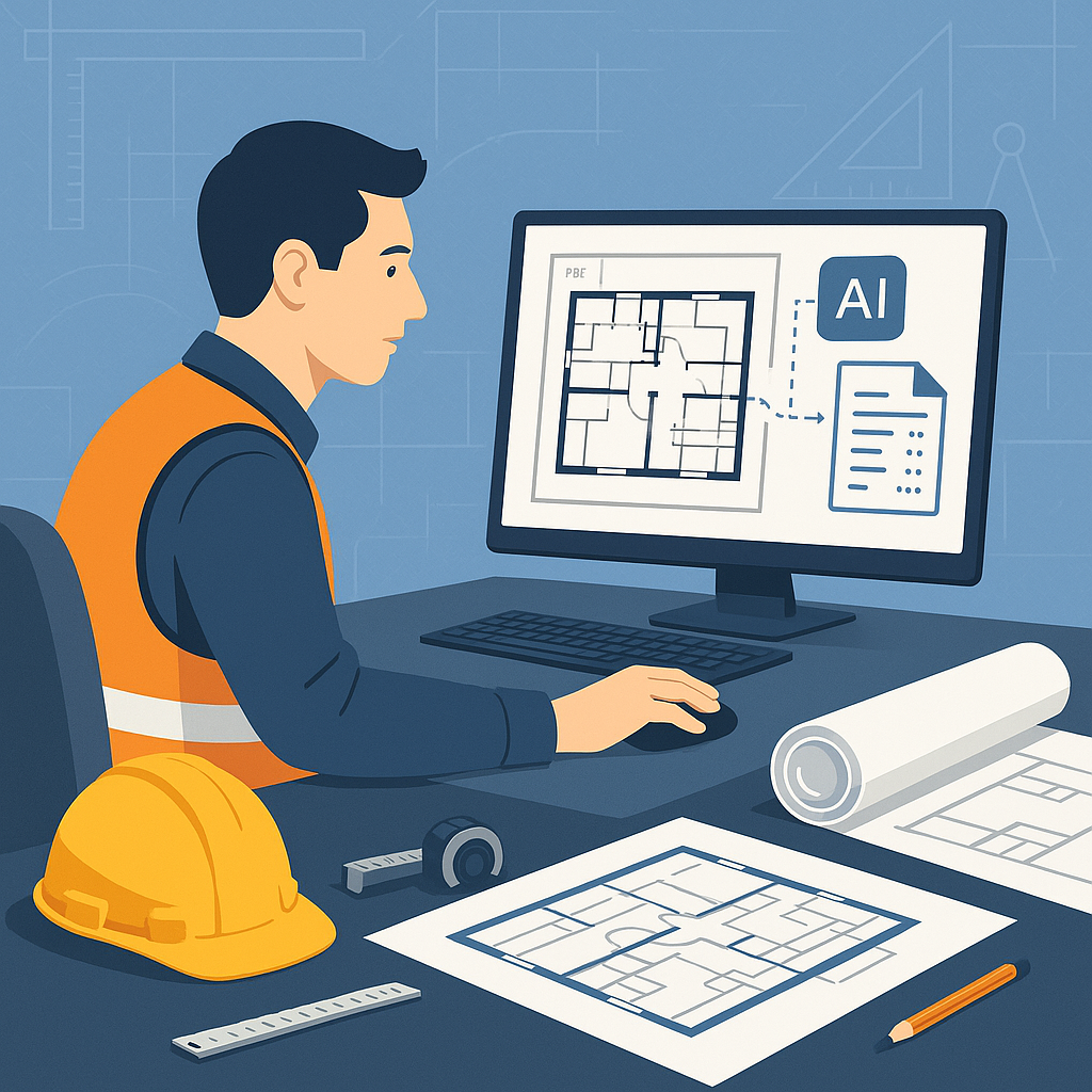 A digital illustration showing a construction estimator at their desk, with AI software extracting quantities from a PDF...