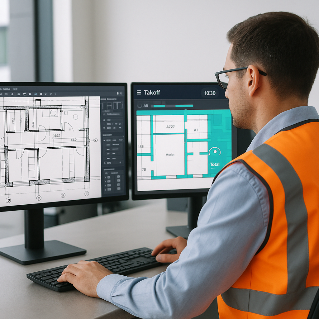 A construction estimator sitting in front of dual monitors, one screen showing a detailed CAD drawing and the other disp...