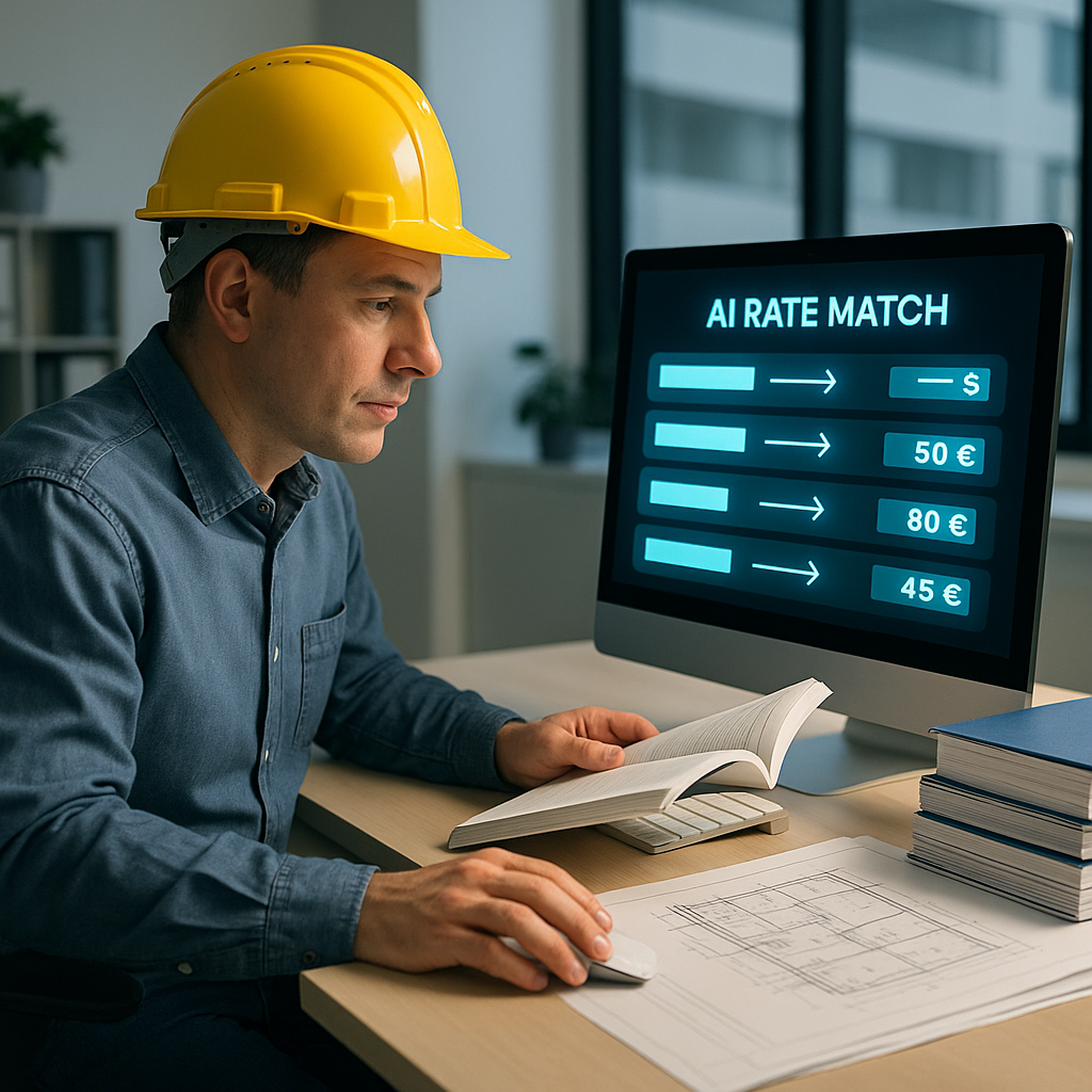 A construction estimator at a desk, comparing a glowing computer screen displaying AI-driven rate matches with paper cat...