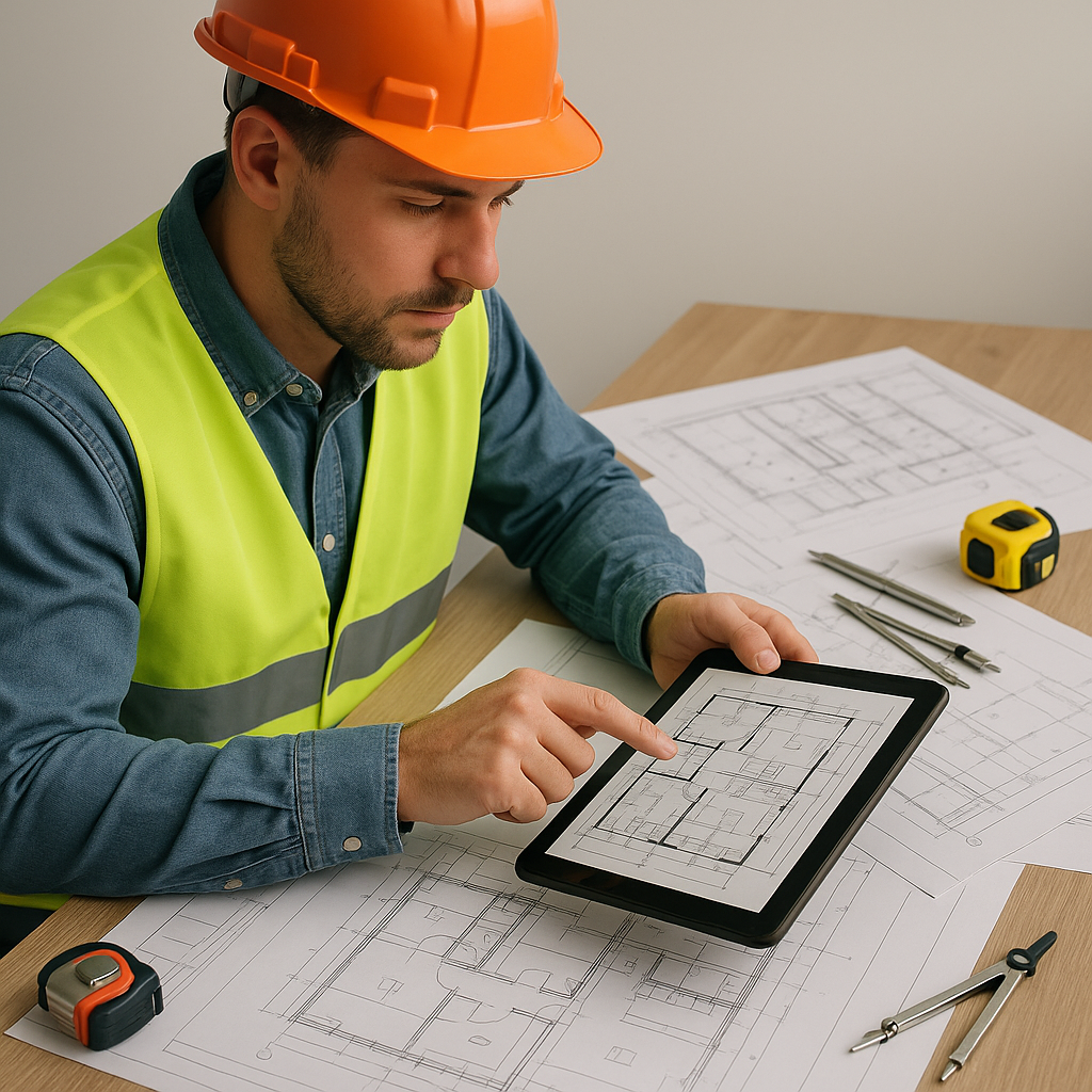 A construction estimator using a tablet with architectural blueprints on the screen, surrounded by physical blueprints a...