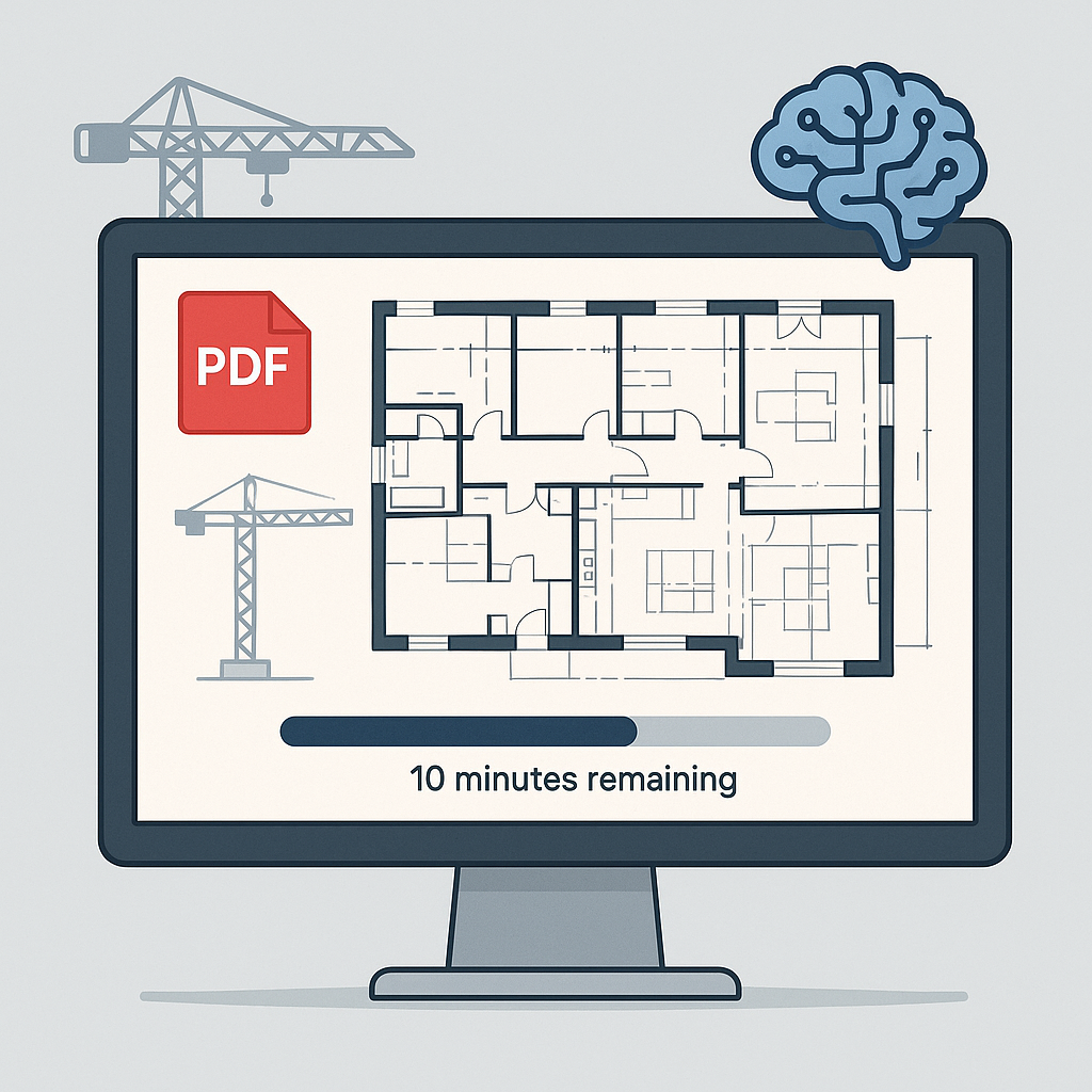 An AI-powered construction estimation tool analyzing a PDF of building blueprints, with a progress bar showing '10 minut...