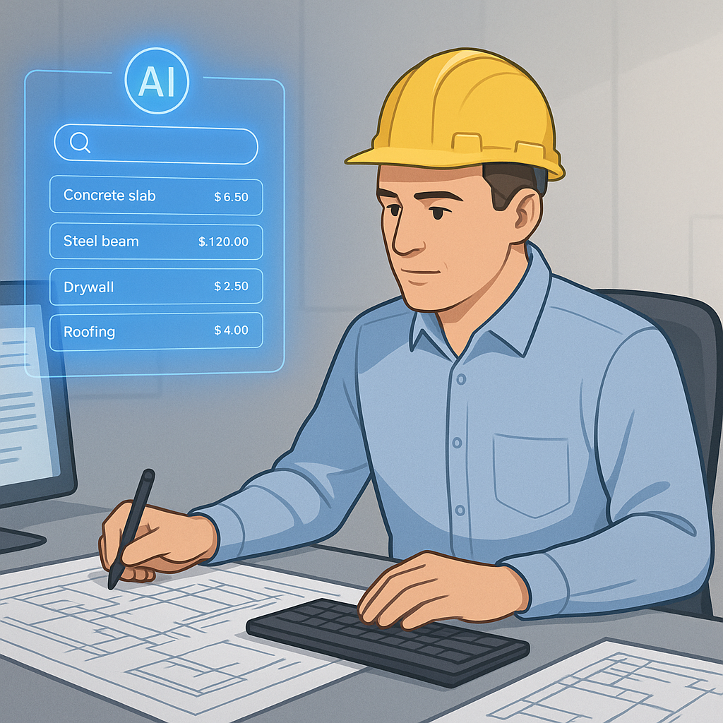 A construction estimator at a desk, with a glowing AI-powered interface showing semantic search results for construction...