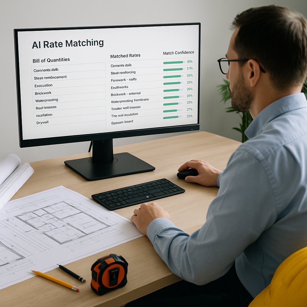 A construction estimator using AI software on a large screen, showing rate matching results for a detailed BOQ, with con...