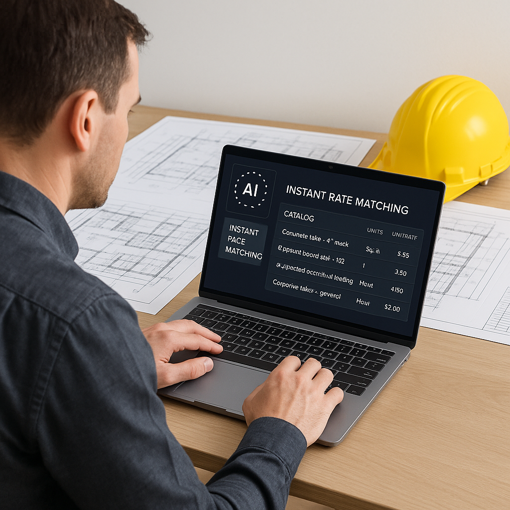 A construction estimator at a desk with AI-powered software on a laptop screen, showing instant rate matches from a cata...
