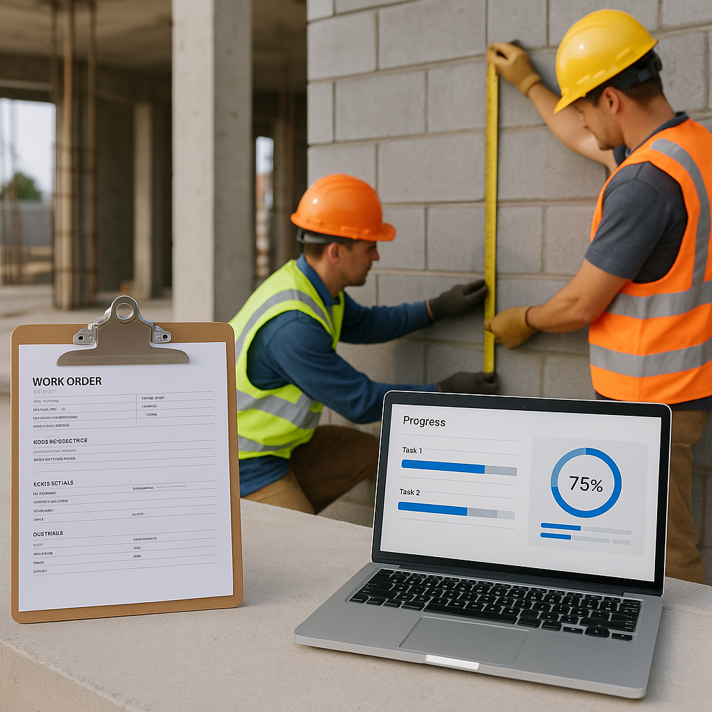 A construction site with workers measuring progress on a wall, featuring a clipboard with a detailed work order form and...