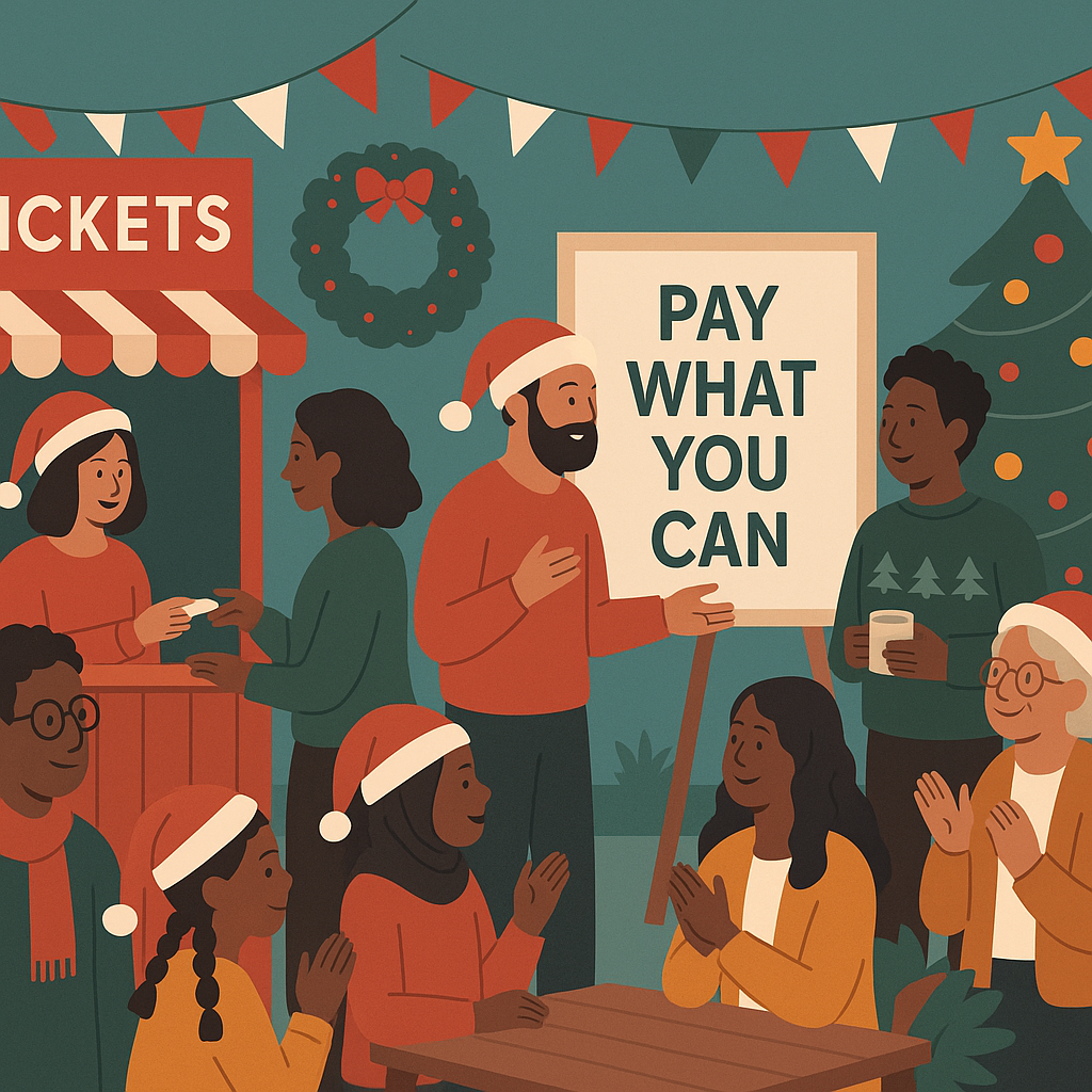 A festive community event with diverse attendees celebrating Christmas in a cozy venue. Include a ticket booth and a sig...