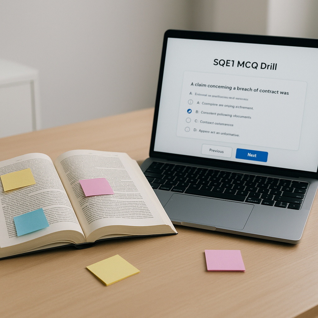 An open legal textbook with scattered sticky notes and a laptop screen showing an SQE1 MCQ drill session, set on a study...