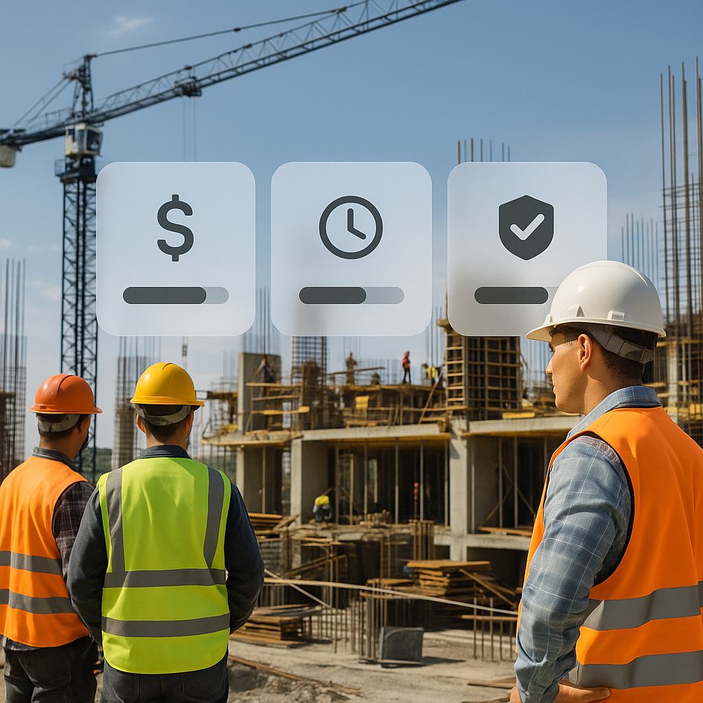 A construction project site with workers and equipment, overlaid with a digital overlay showing vendor evaluation metric...