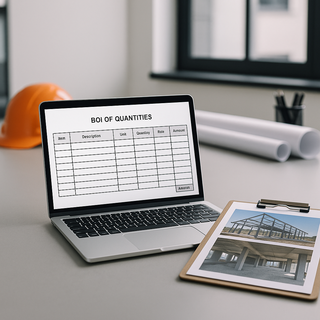 A professional scene of a construction office with a laptop displaying a BOQ template, a clipboard, and survey photos ta...