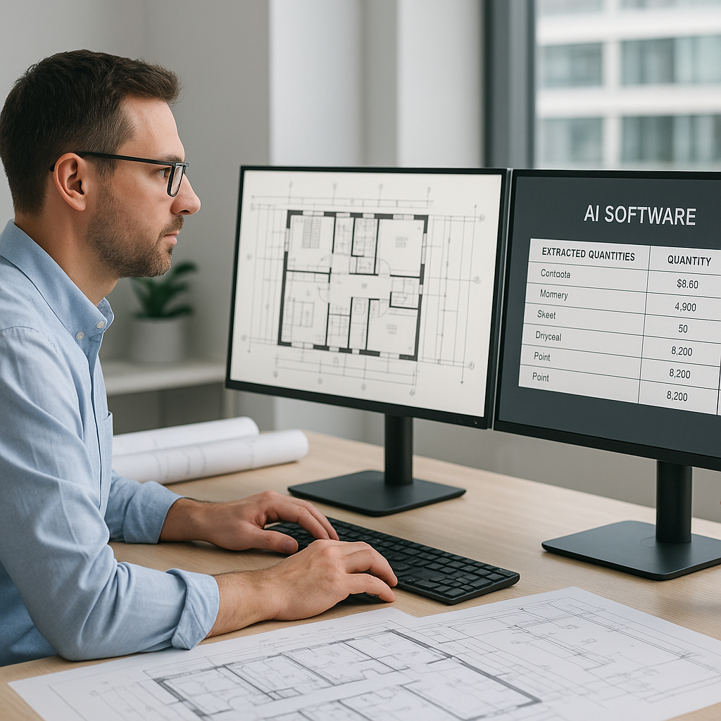 A construction estimator at their desk using AI software on a computer, with architectural drawings on one screen and ex...