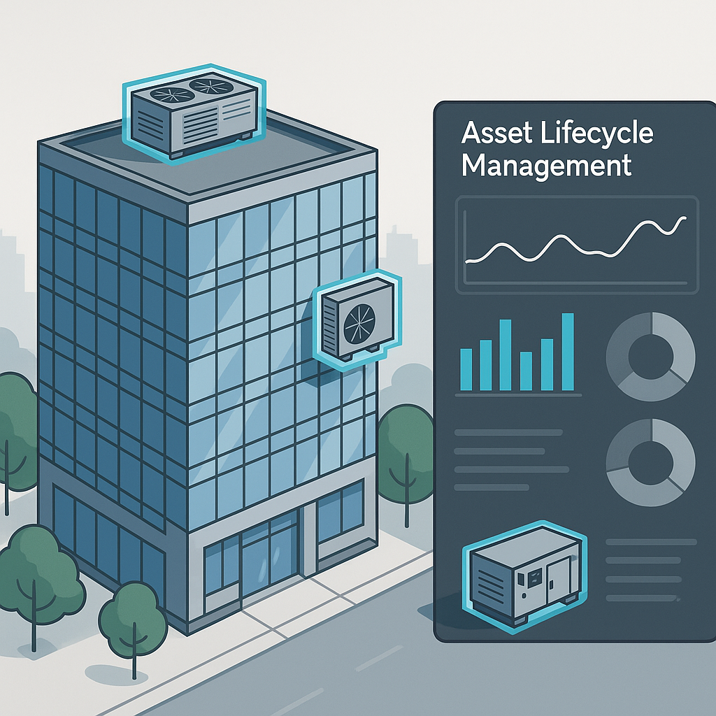 A modern office building with highlighted HVAC systems and generators, labeled 'Asset Lifecycle Management,' displayed o...