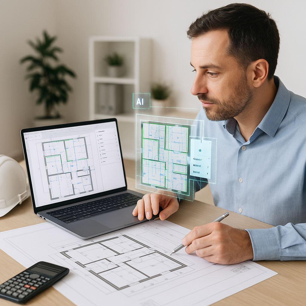 A construction estimator at a desk, with a laptop displaying AI-powered takeoff software. A PDF blueprint is on the desk...