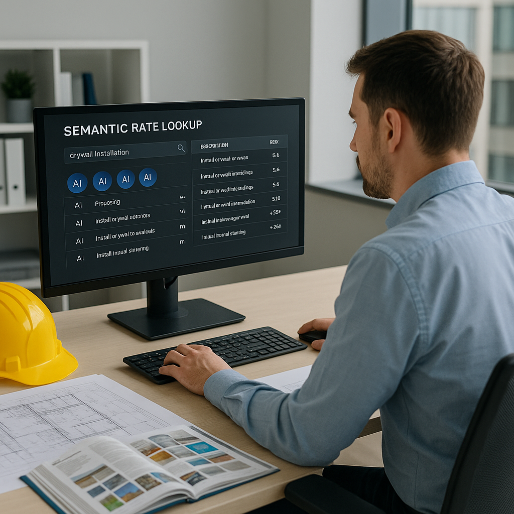 A construction estimator working at a desk with AI-powered software on their screen, showing semantic rate lookup result...