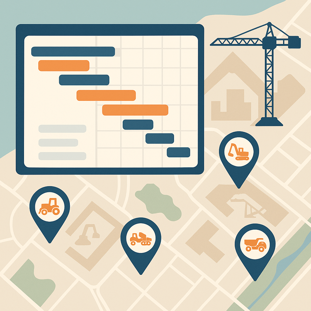 A detailed illustration of a Gantt chart overlaying a construction site map, with icons representing equipment maintenan...