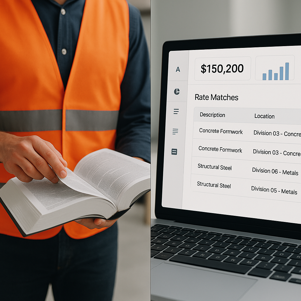 A split-screen image showing a construction estimator flipping through a thick rate book on one side and an AI-powered d...