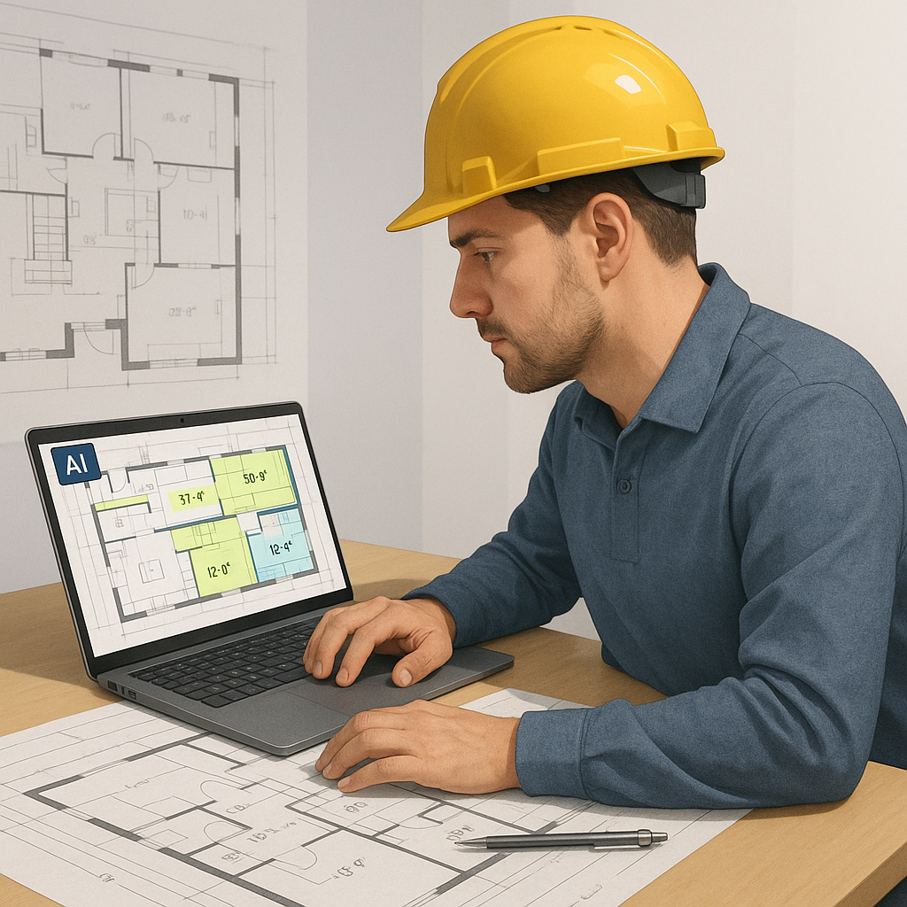 A realistic illustration of a construction estimator using AI software to perform takeoff on architectural drawings, wit...