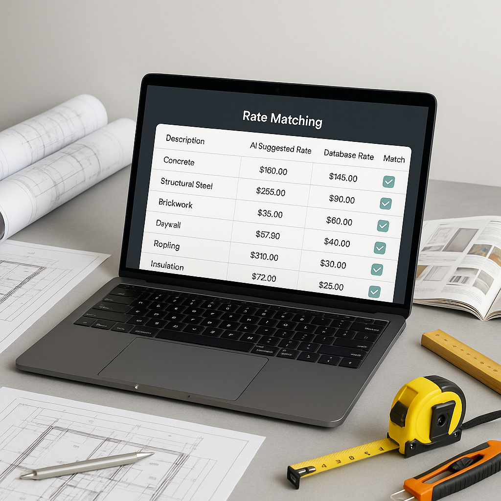 A modern construction estimator's workspace showing a laptop screen with an AI-powered rate matching tool overlay, surro...