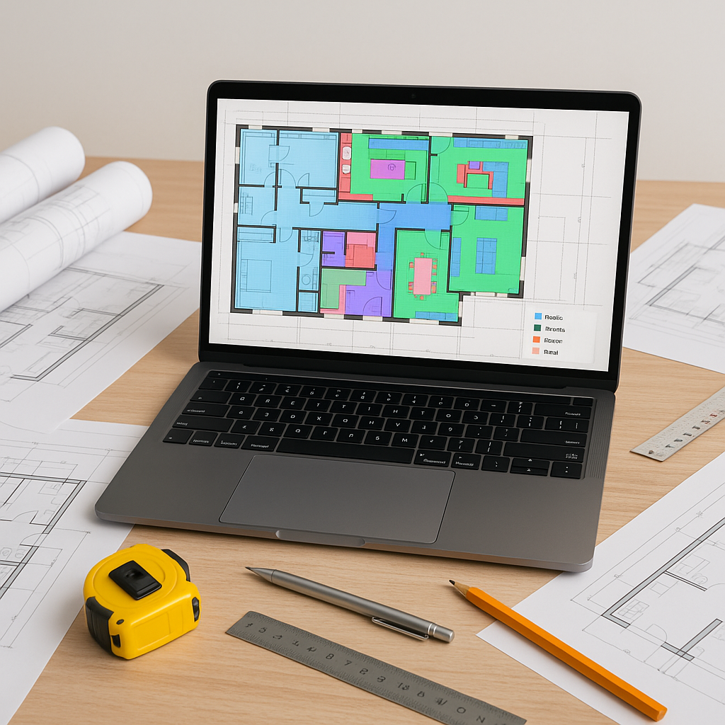 A construction estimator's desk with a laptop showing AI-powered takeoff software analyzing a PDF floor plan, surrounded...