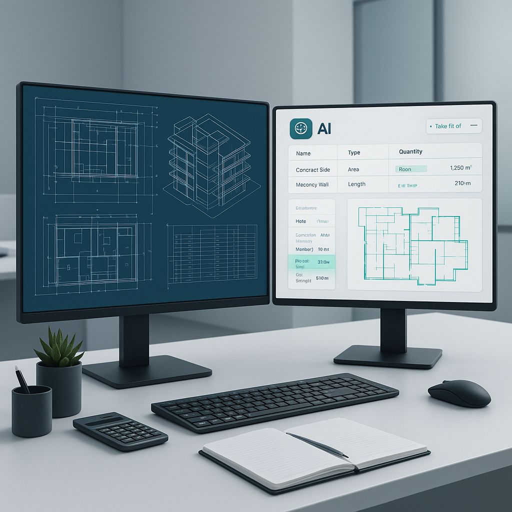 A futuristic construction estimator's desk featuring dual monitors, one displaying detailed building drawings and the ot...